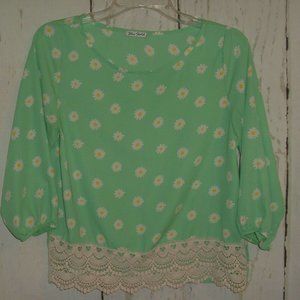Blue Sketch Green Floral Crochet Trim boho top